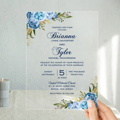 elegant dusty blue botanical acrylic wedding invitations CWIA12